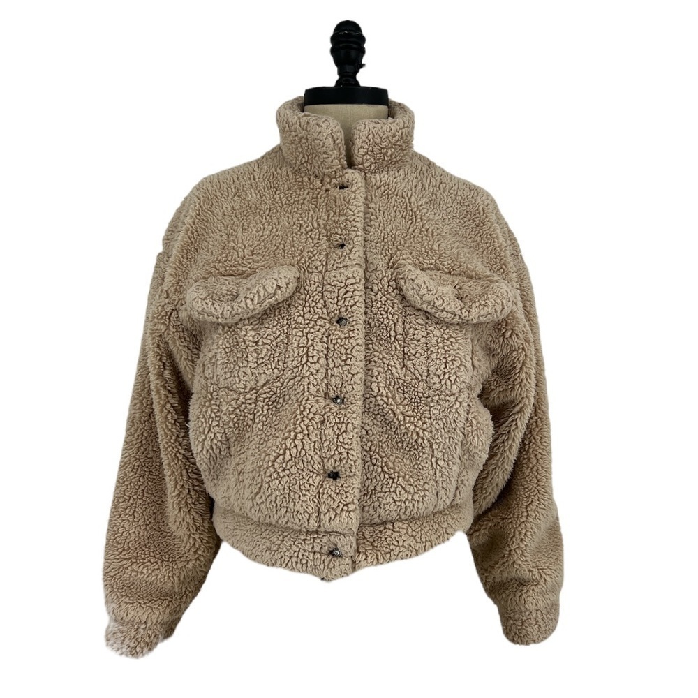 𝅺Big Water Blue Sky cropped Teddy 70’s Y2K bomber jacket/coat tan size S